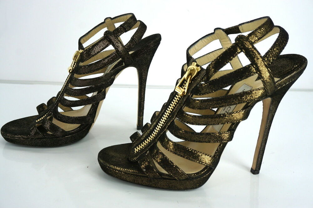 Jimmy Choo Glenys Bronze Metallic Suede Strappy Sandals Size 39 Zip $1050 heels